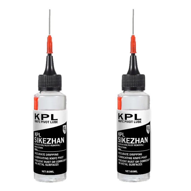A bottle of KPL Sikezhan knife pivot lube oil with a dropper applicator.