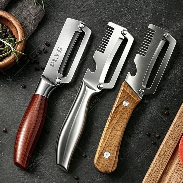 A silver multi-function peeler with a wooden handle is shown on a dark surface.