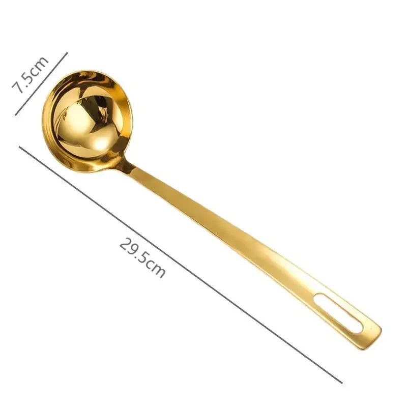 A golden stainless steel hot pot colander spoon with a handle, shown against a white background.
