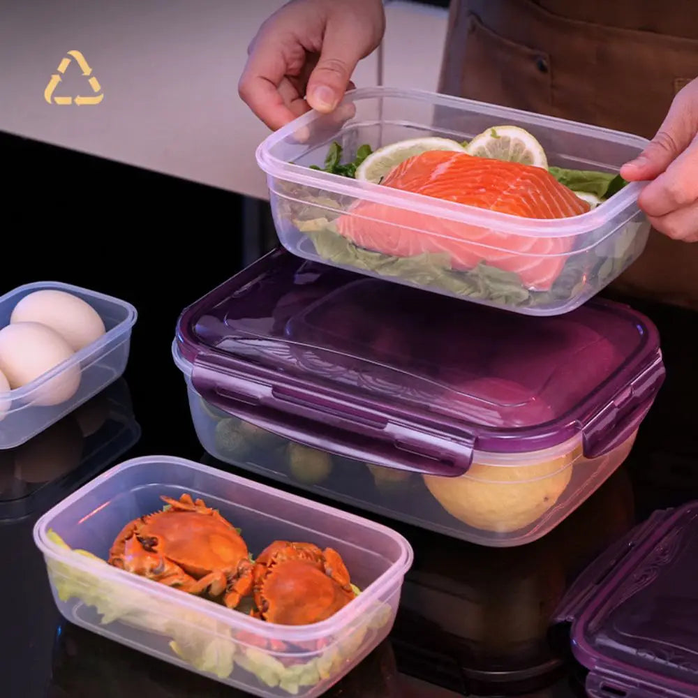 Hands are placing a salmon fillet into an airtight plastic storage box, with other food containers nearby.