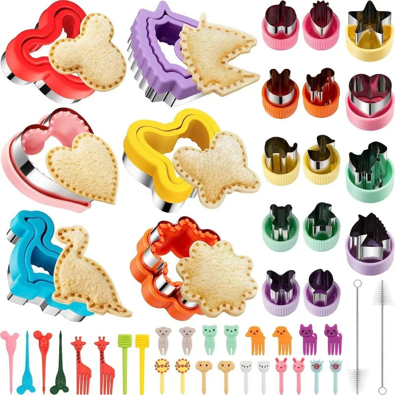 A collection of various sandwich cutters in different shapes and colors for baking and decoration.