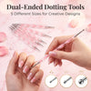 A hand holds a set of dual-ended dotting tools for nail art designs, showing various sizes and tips.