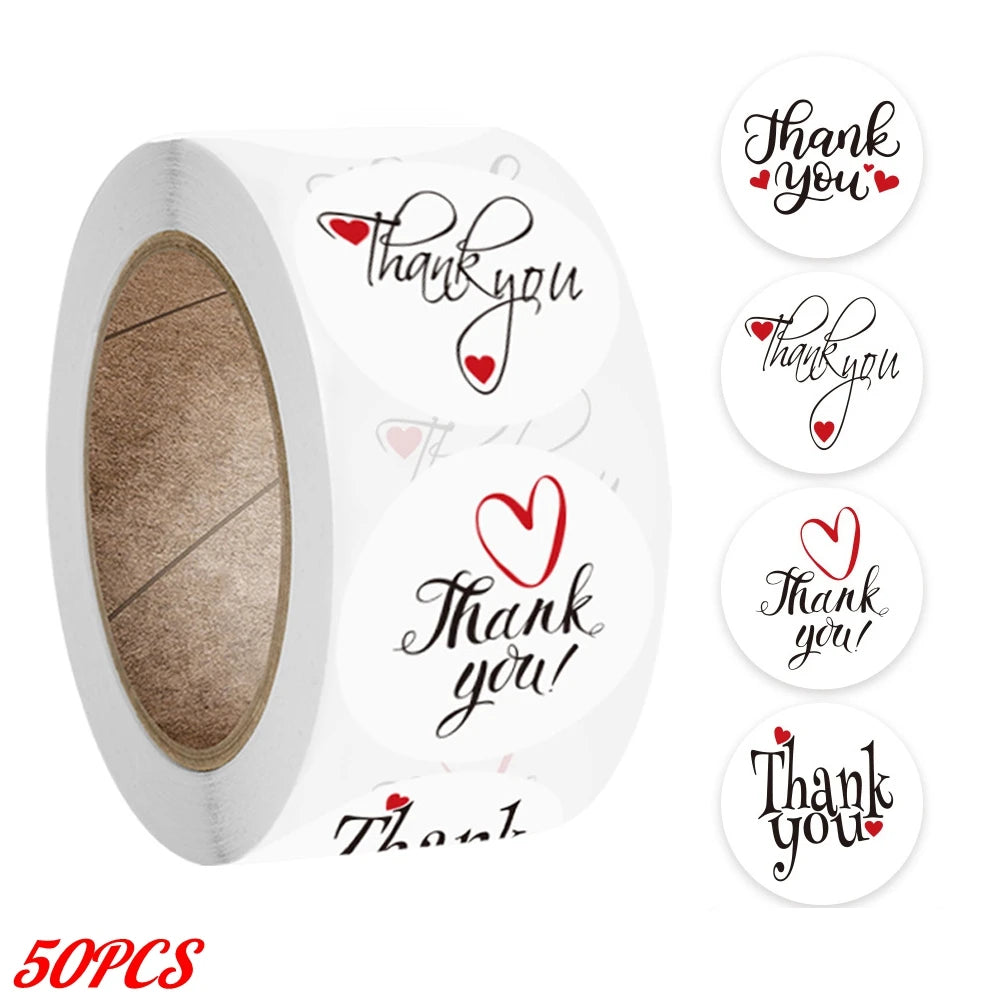 Roll of pink thank you adhesive stickers with individual thank you messages