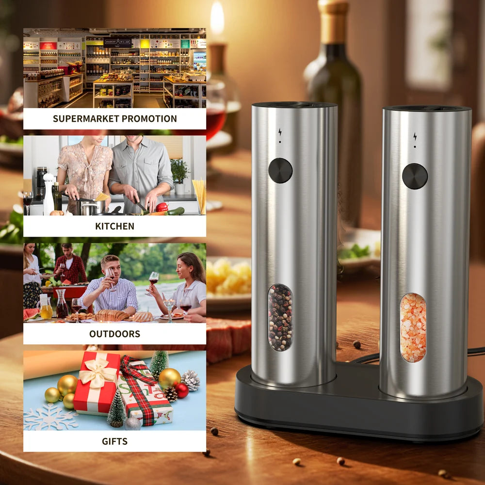 Moulin à épices rechargeable USB argenté avec base noire, montré dans divers contextes (cuisine, supermarché)