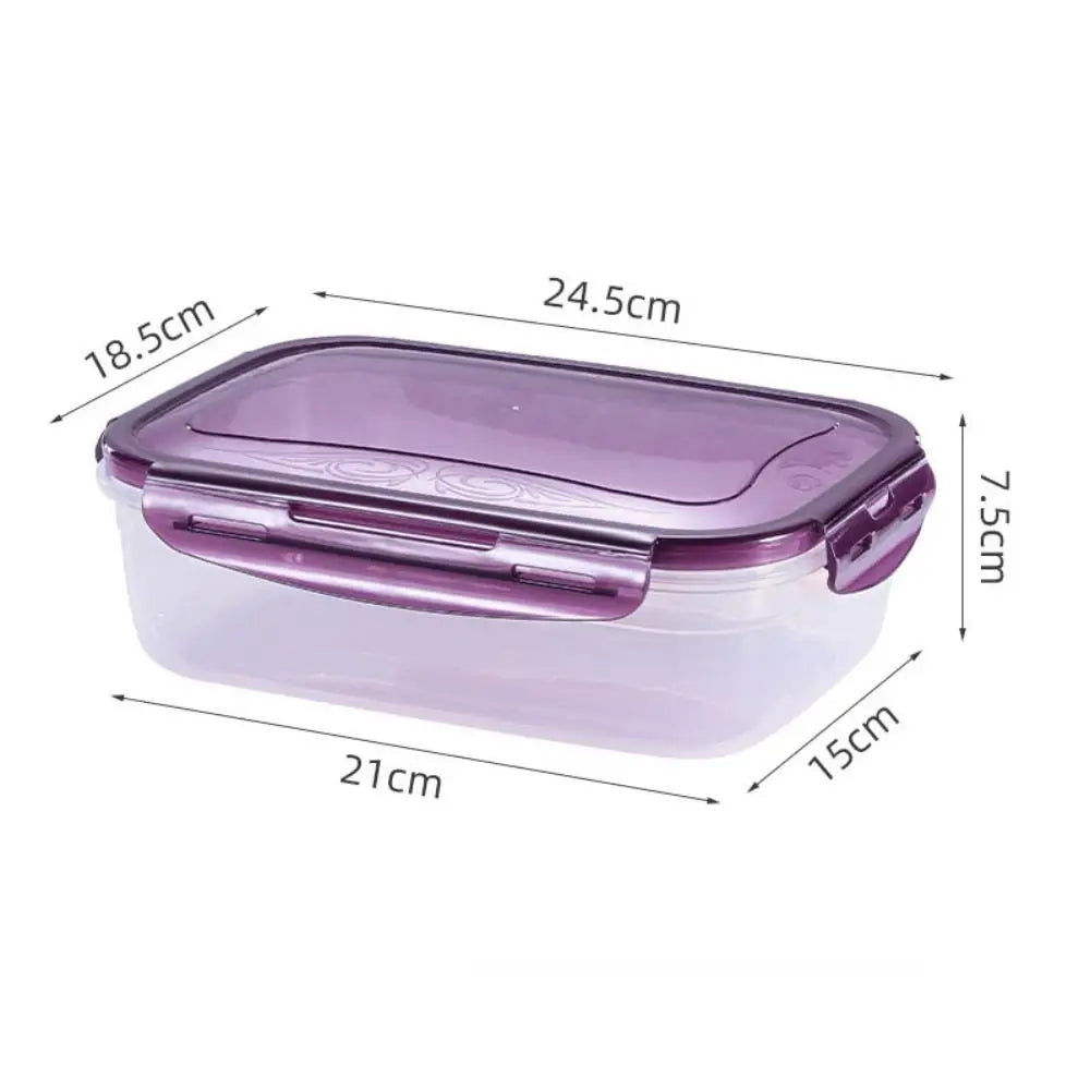 A translucent purple airtight storage box with a lid, shown with dimensions.
