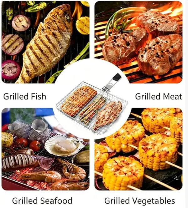Eine Auswahl gegrillter Speisen, darunter Fisch, Fleisch, Meeresfrüchte und Gemüse.