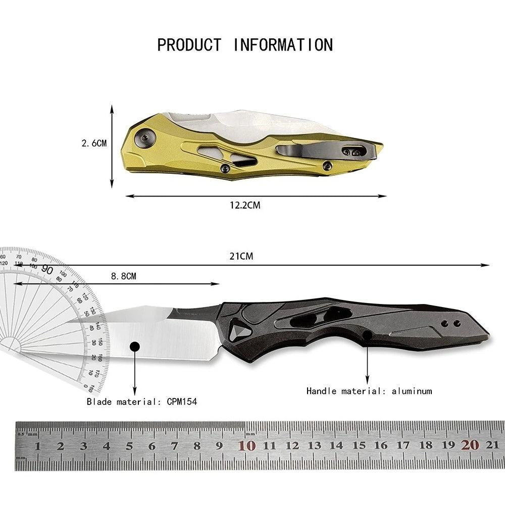 A yellow folding blade knife with a black handle and silver blade, shown in various dimensions.