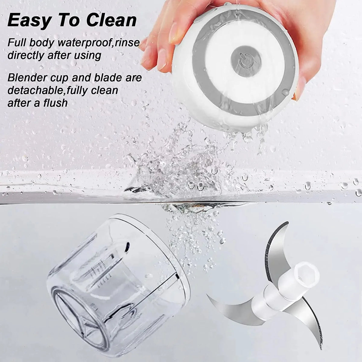 A hand is rinsing a white blender cup and blade directly under running water.