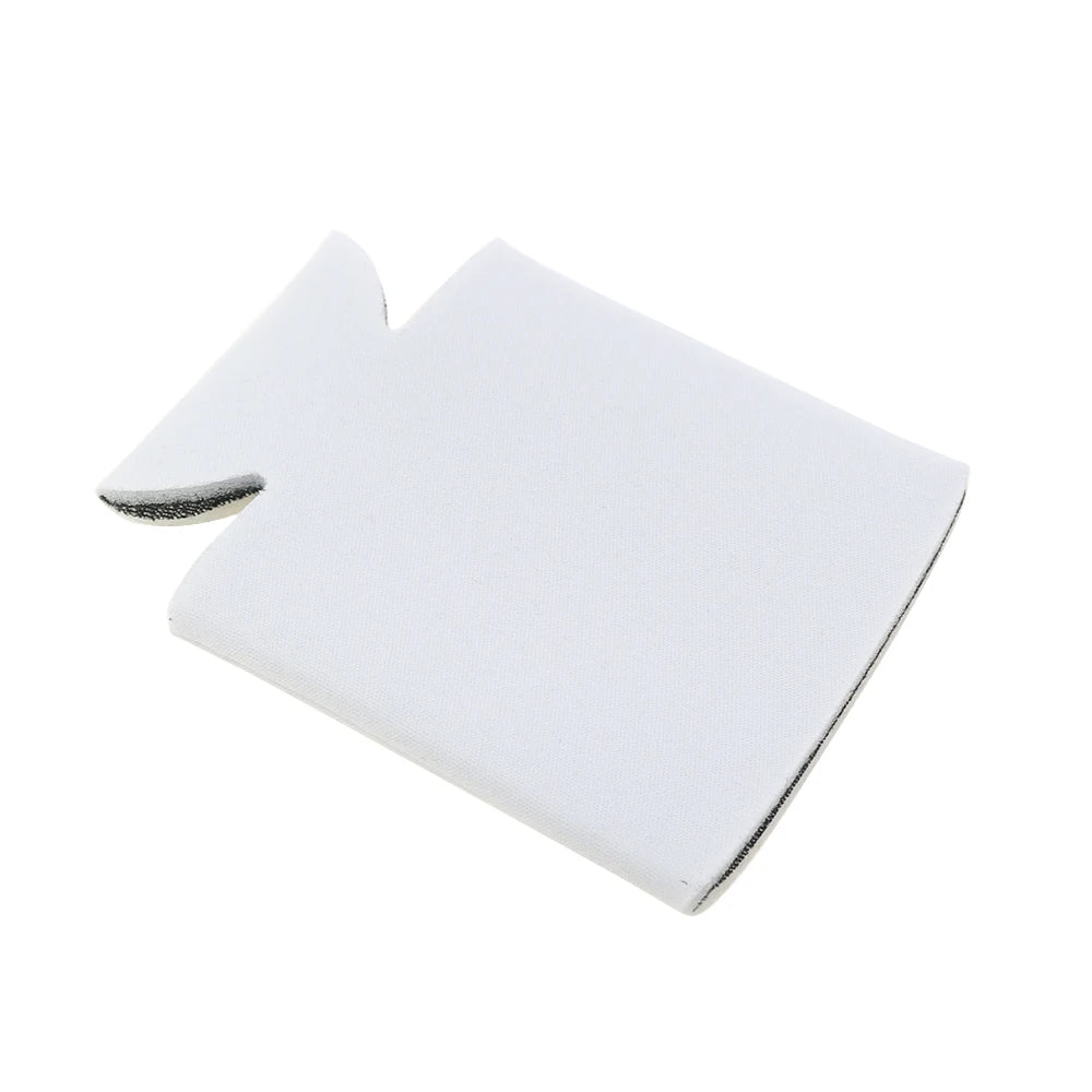A white reusable neoprene drink sleeve designed for bottles and cans.