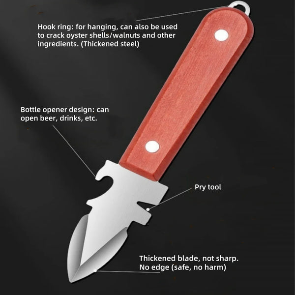 Rotes und silbernes Edelstahl-Öffnungswerkzeug mit Hakenring und dickem Messer zum Öffnen von Schalen und Flaschen.