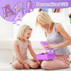 A blonde woman is giving a child a purple gift box, with personalized letter stamps and silicone straw accessories visible.