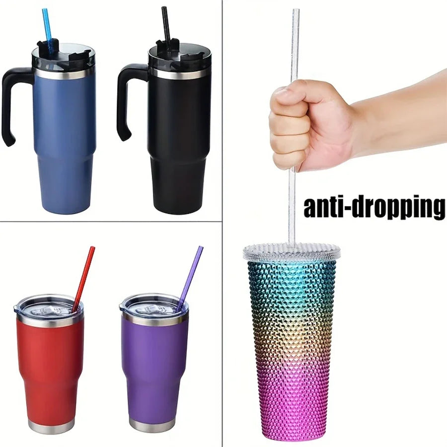 A set of glitter reusable plastic straws with a cleaning brush, shown in various colors and textures.