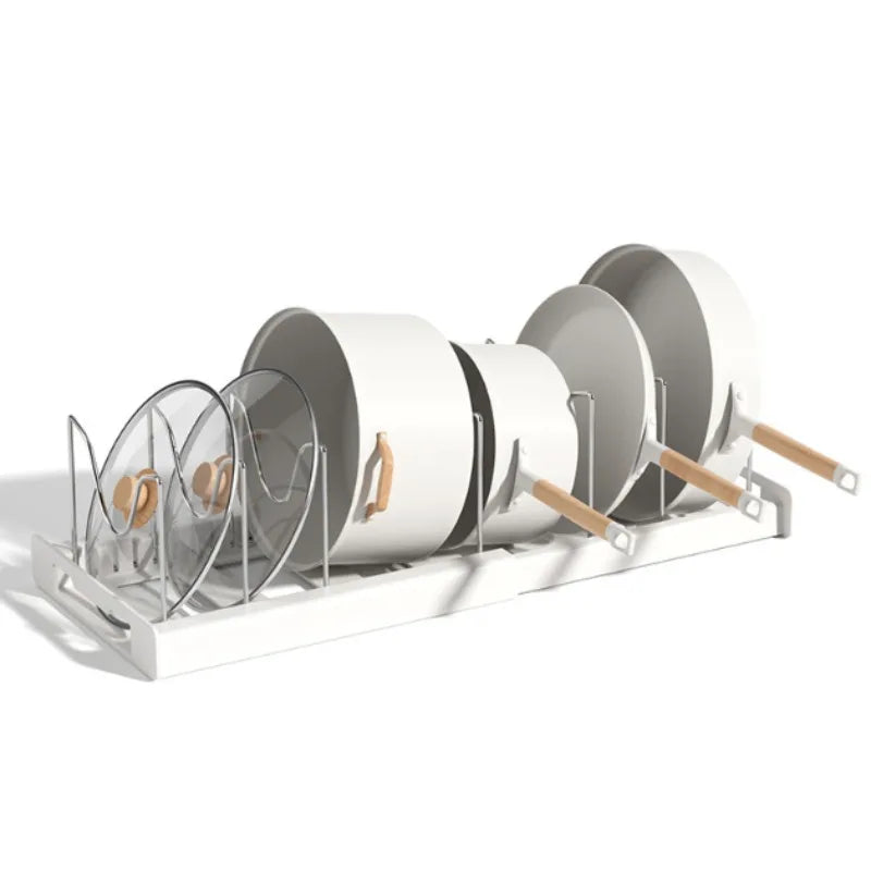 A set of expandable kitchen cabinet organizers with adjustable divider racks and wooden handles.