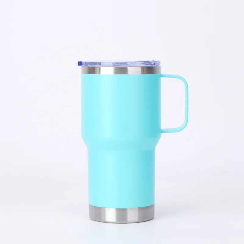 A light blue double-wall stainless steel travel tumbler with a silver lid and handle.