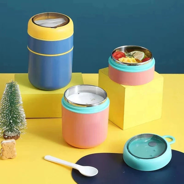 A set of pink and blue insulated stainless steel thermal food jars and a teal bowl on a yellow surface.
