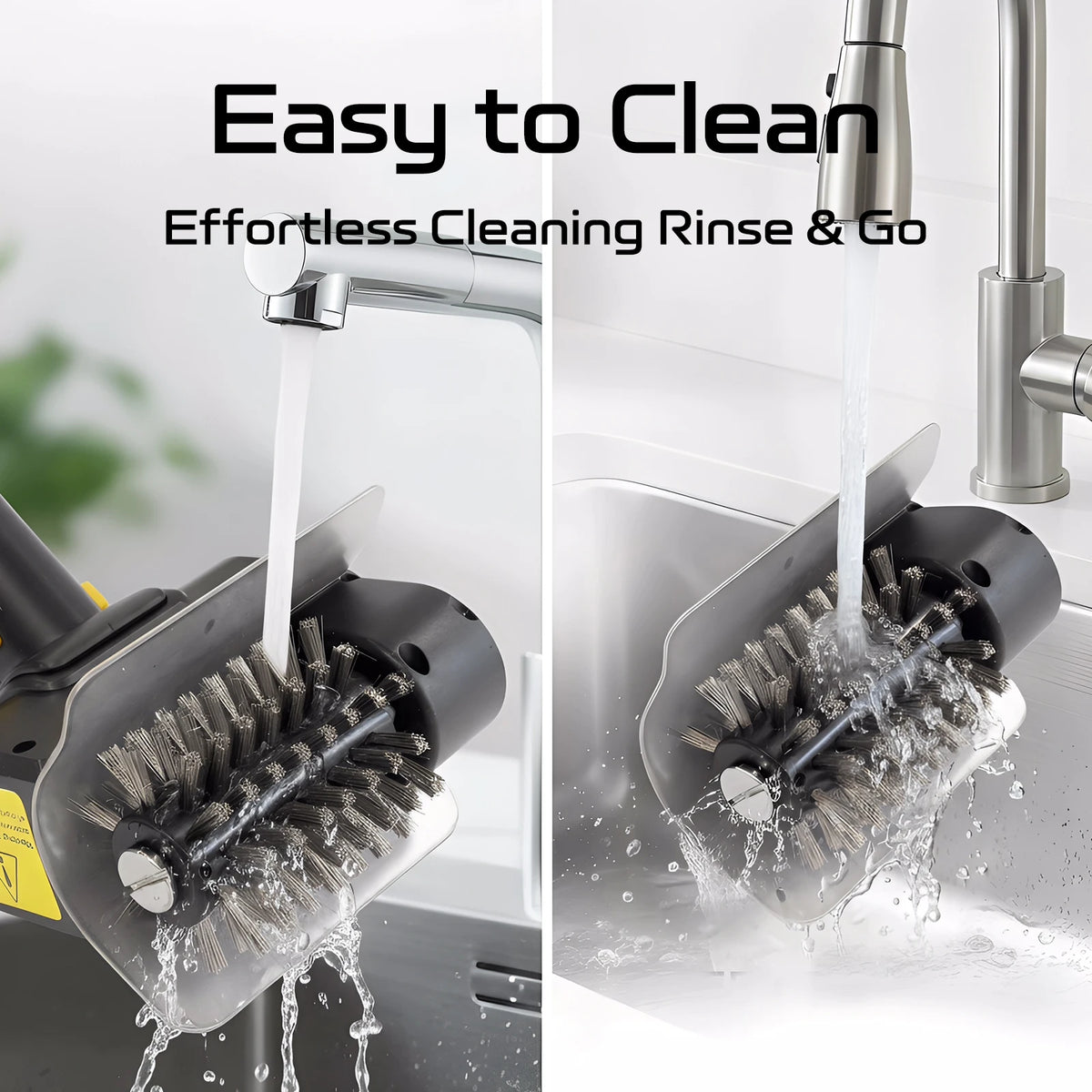 A close-up of a rechargeable electric BBQ cleaning brush rinsing and going in a sink.