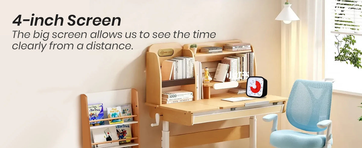 A wooden desk setup featuring a 4-inch screen and a visual countdown timer for kids.