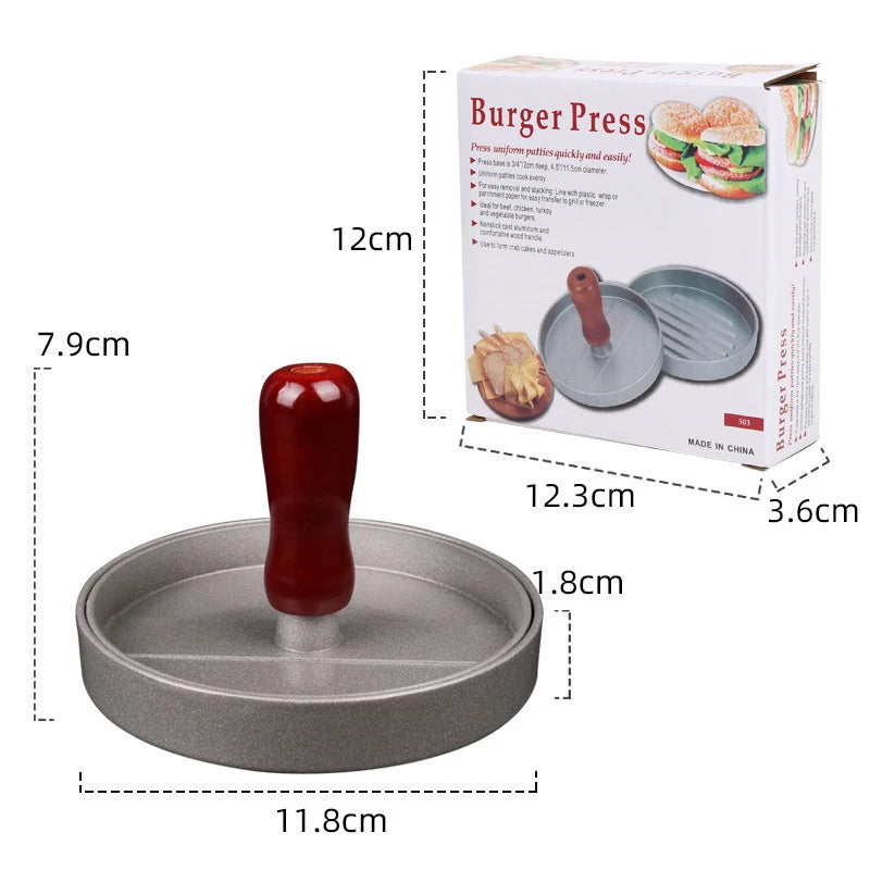 A non-stick hamburger patty press tool shown with its components and packaging.