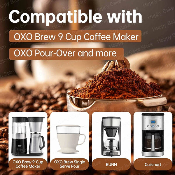 A collection of reusable disposable coffee filters and brewers including an OXO Brew 9-Cup Coffee Maker, a single serve pour,