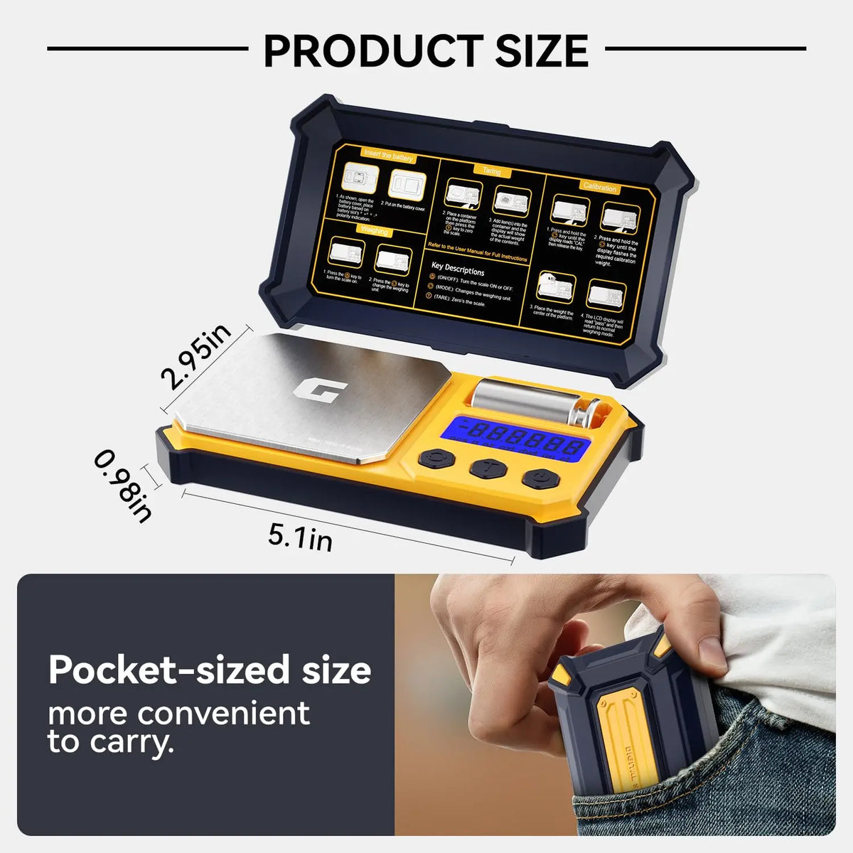A black digital pocket scale is shown next to its components and a hand, highlighting its compact size.