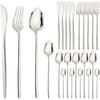 A set of premium stainless steel dinnerware including forks, knives, and spoons for formal dining.