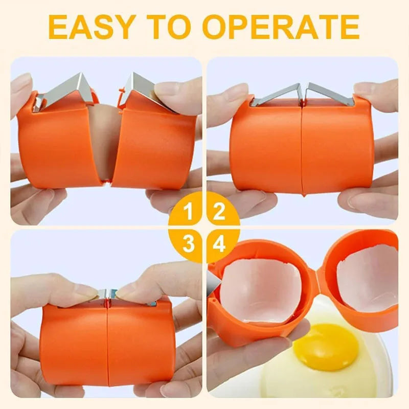 Orange manual egg shell opener and beater shown in various operating angles