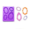 A set of purple silicone cake decoration molds, including various ring and floral shapes in purple, orange, and lavender.