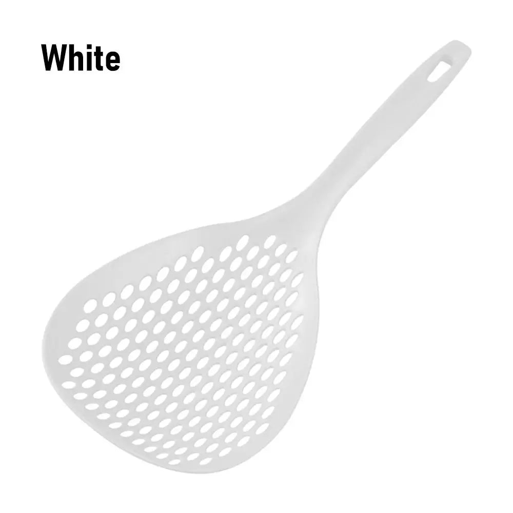 White kitchen strainer and skimmer set with a perforated mesh and a handle