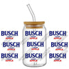 A glass jar with a metal lid and a clear plastic straw, featuring repeated text branding.