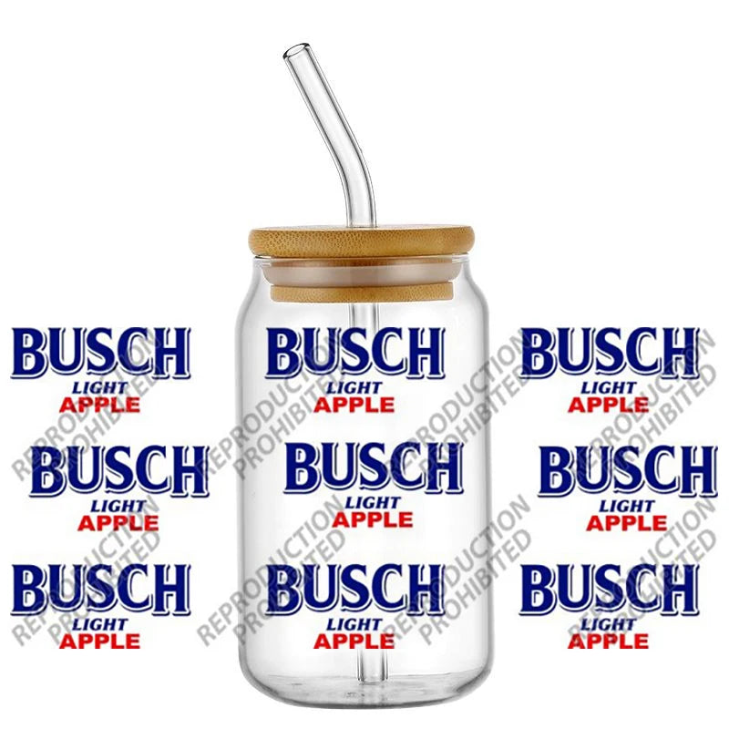 A glass jar with a metal lid and a clear plastic straw, featuring repeated text branding.