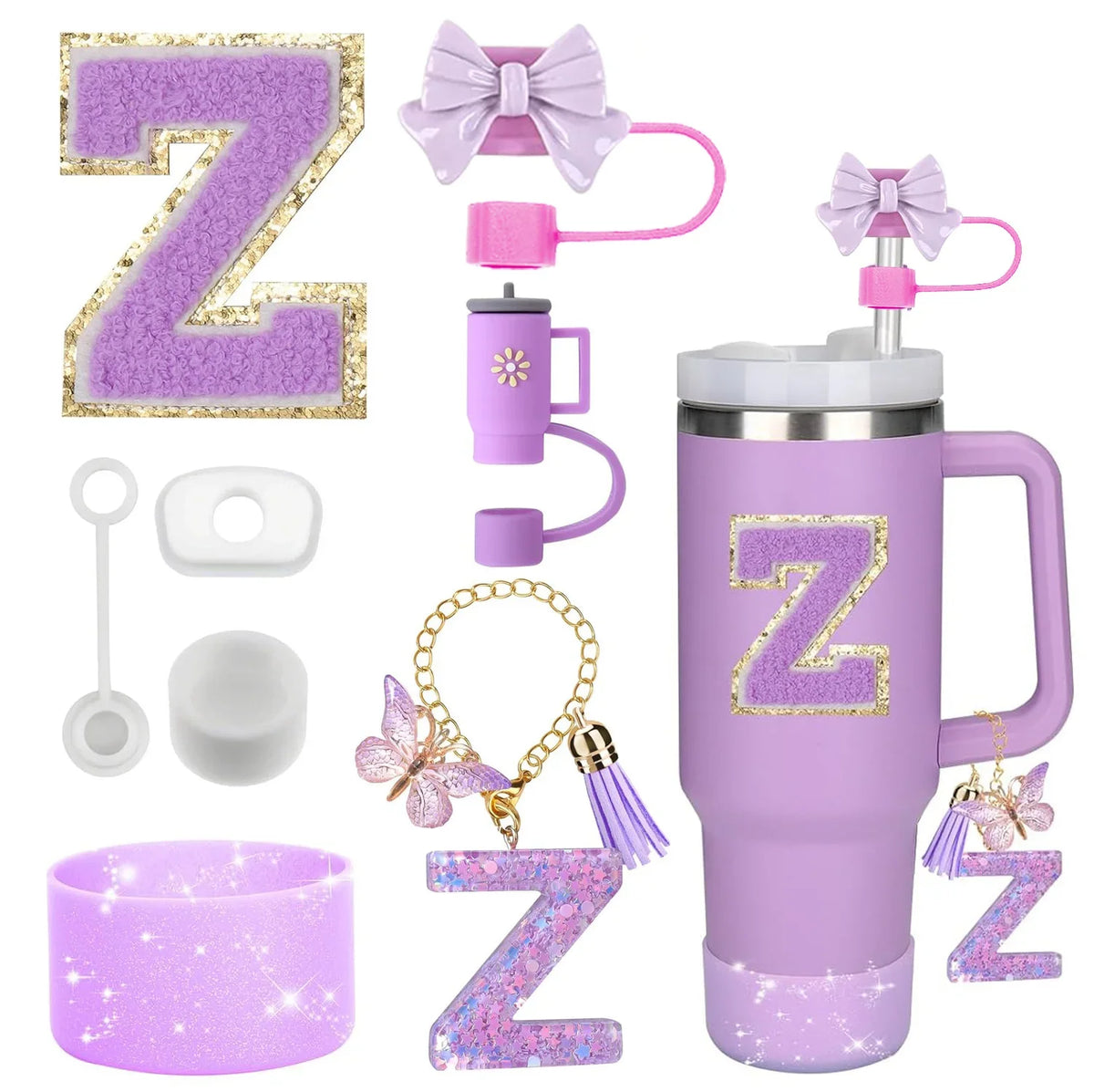 A set of purple glitter silicone straw toppers and accessories for tumblers, including a large tumbler.