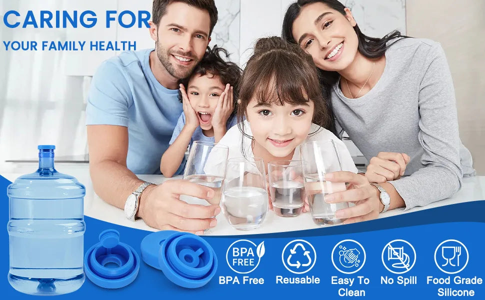 A family of three smiling while holding a clear glass of water and a blue silicone jug with a lid.
