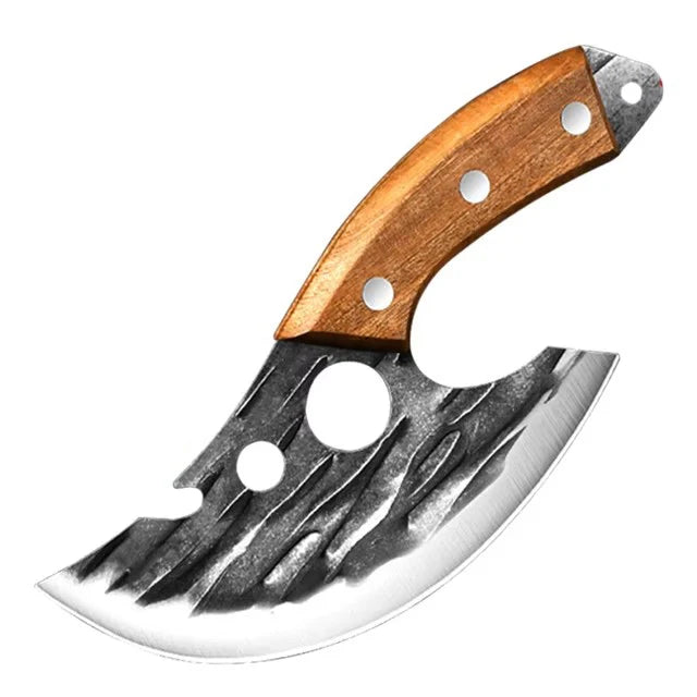 A hand forged boning knife with a wooden handle and a dark, textured blade.