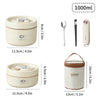 A set of portable stackable thermal lunch boxes in beige and brown, including a main box and utensils.