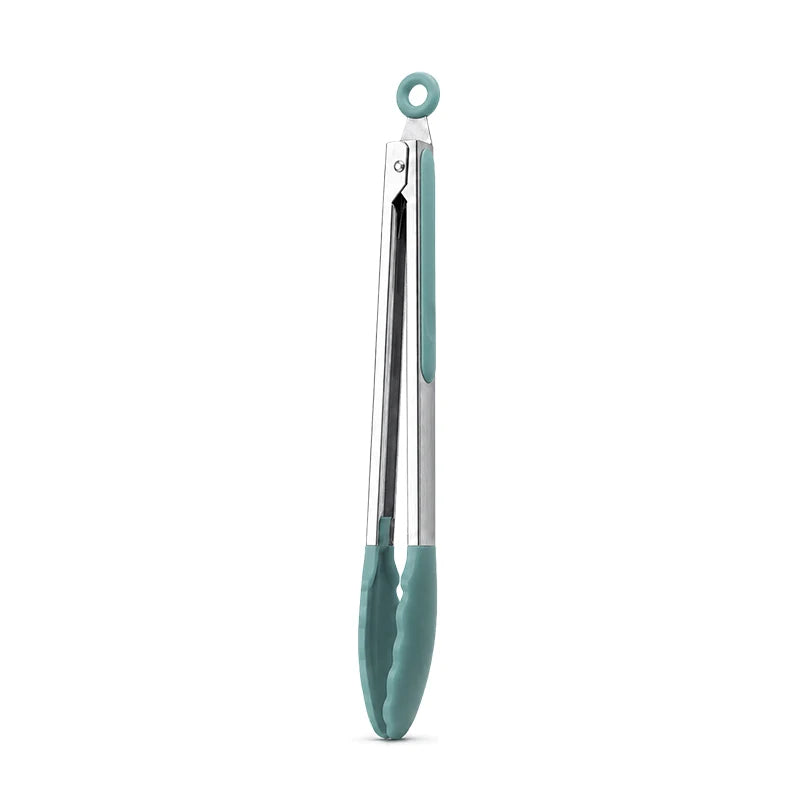 A pair of food-grade silicone kitchen tongs with stainless steel tips in a teal color.