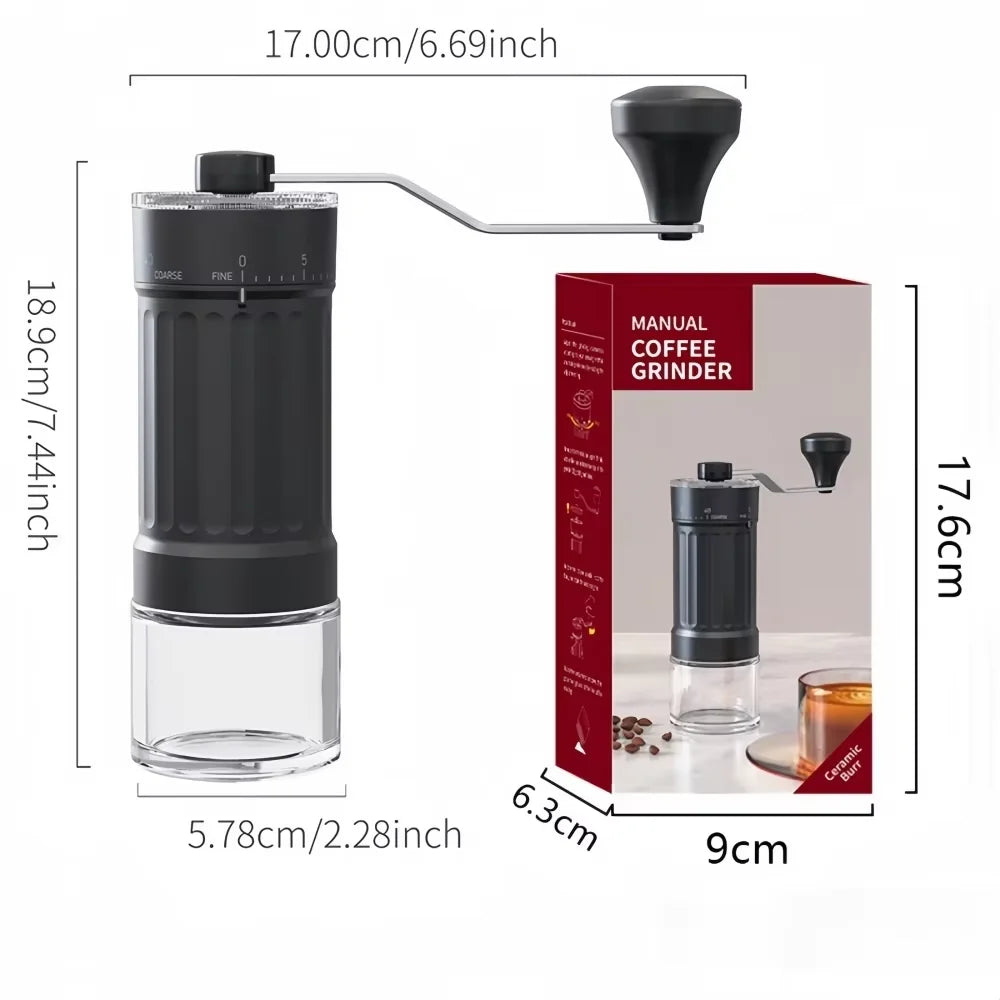 A manual ceramic coffee grinder with an adjustable scale and a separate grinder head is shown next to its packaging.