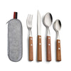 A stainless steel travel utensil set including a fork, knife, and spoon with wooden handles in a gray pouch.