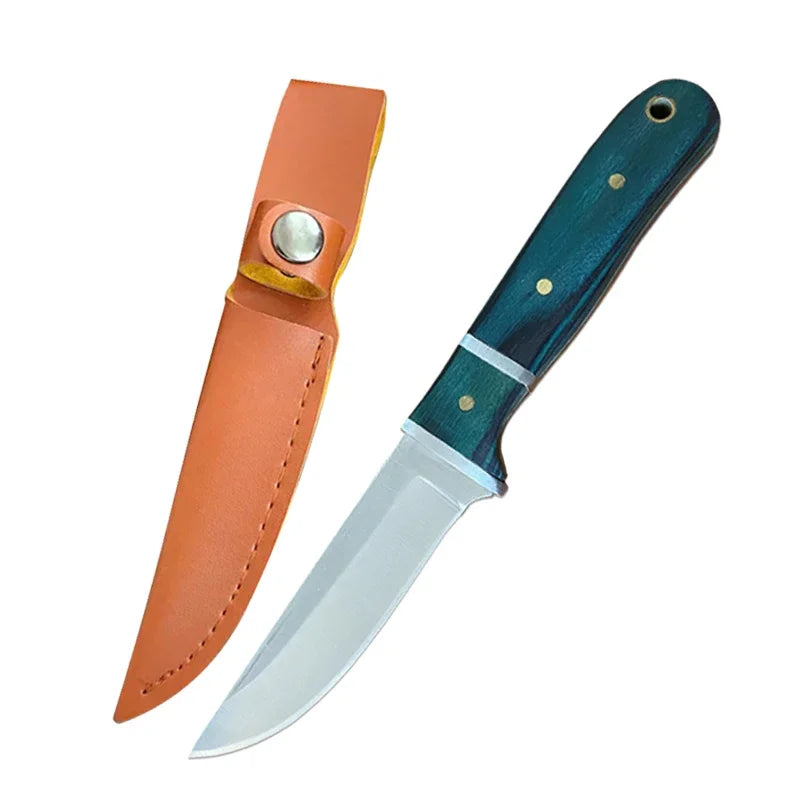 A heavy-duty utility cleaver knife with a wooden handle featuring an orange sheath and a dark teal blade.