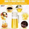 A yellow multi-function oil sprayer bottle is shown with various oils and juices like olive oil, lemon juice, and red wine.