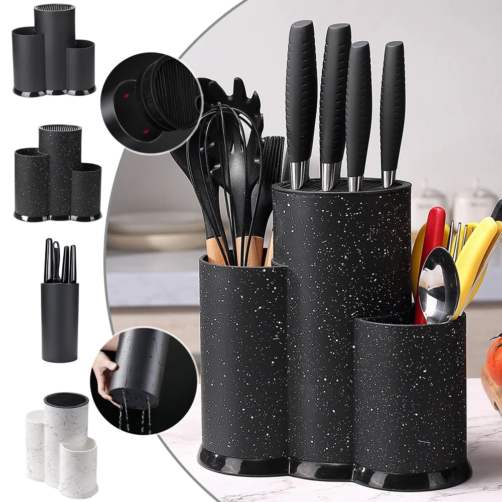 A black multi-purpose kitchen utensil storage holder filled with various black and silver utensils.