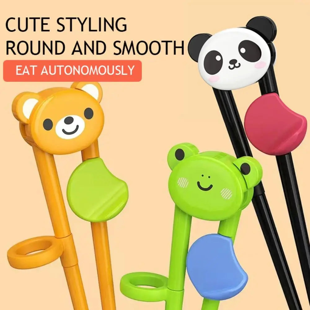 A set of cute animal training chopsticks featuring a panda, a bear, and a frog, designed for autonomous eating.