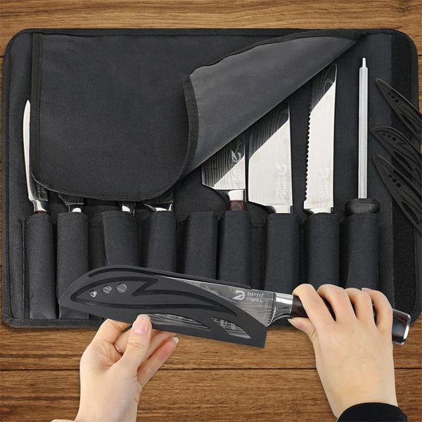 A hand is holding a black Damascus steel knife with a wooden handle from an organized set inside a black carrying case.