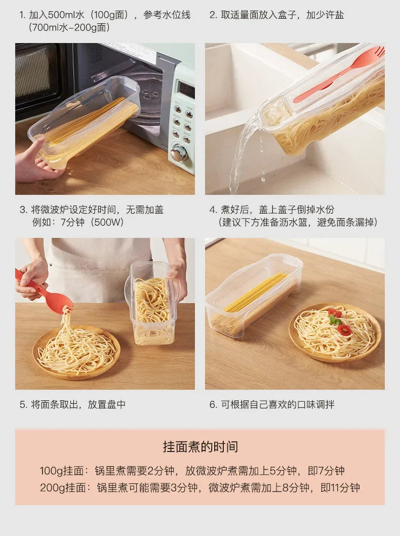 A set of microwave noodle and salad cookers showing preparation steps including adding ingredients, cooking time, and serving