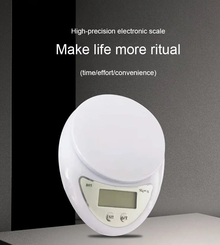 A white digital kitchen scale with a round platform and display is shown against a gray background.