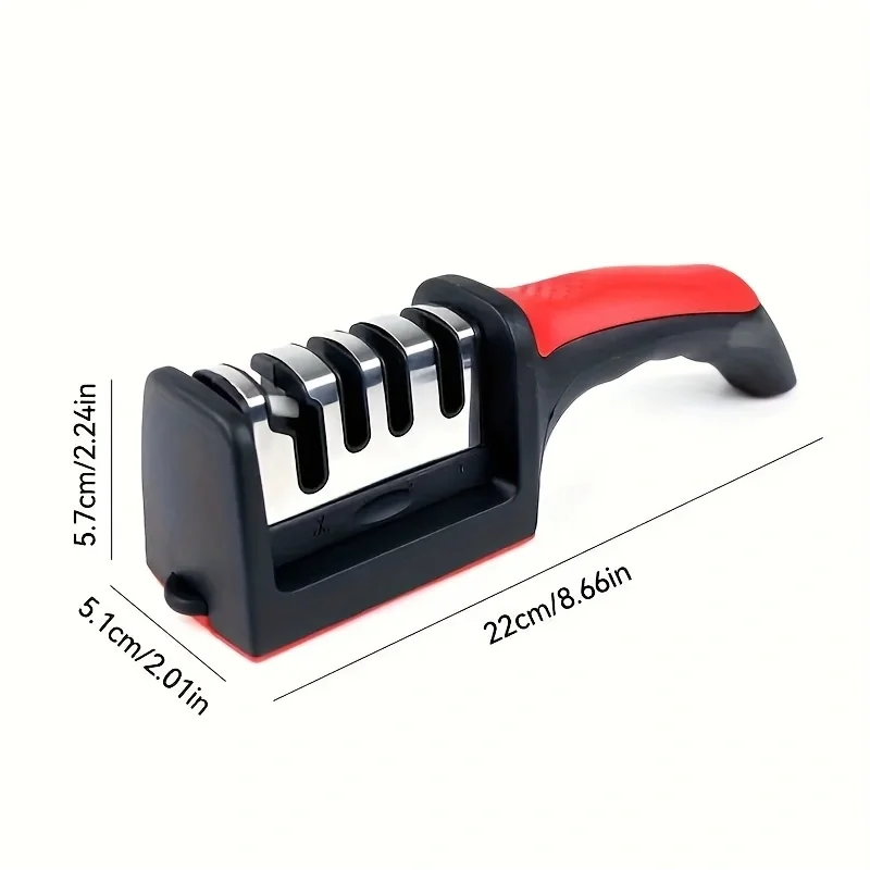 A black and red manual knife sharpener with four stages of sharpening rods shown from the side.