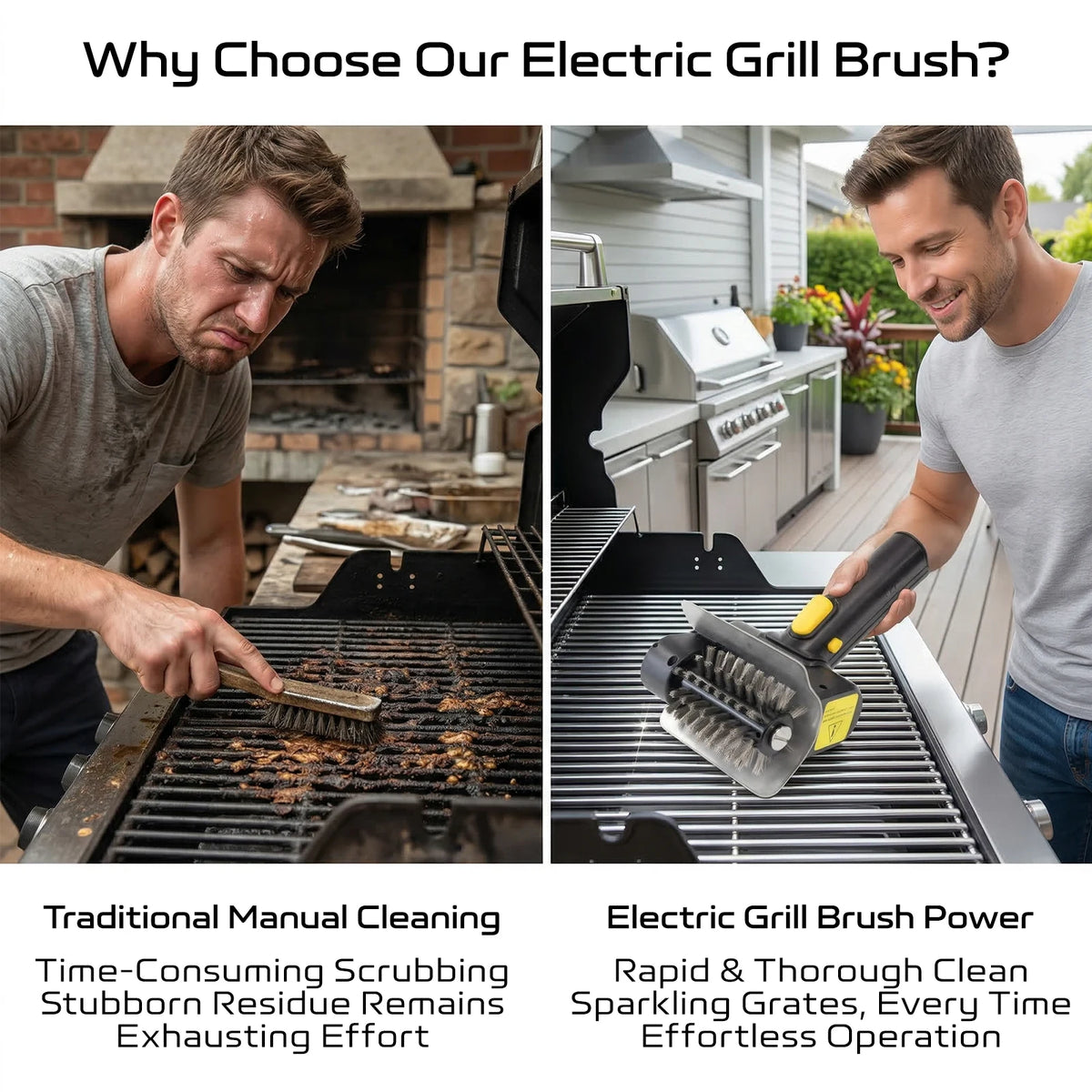 A man is using an electric grill brush to clean a grill grate in a backyard setting.