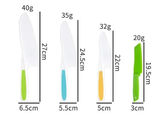 A set of plastic fruit and cake cutters in various sizes and colors, including green, blue, orange, and lime.