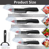 Diagram showing various sizes and angles of a ceramic kitchen knife set with measurements in centimeters and inches.