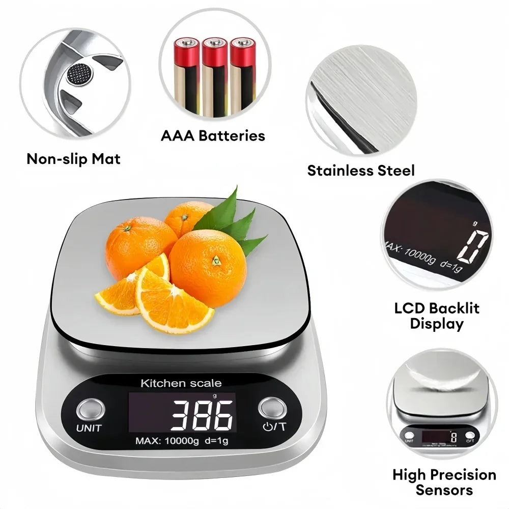 A precision digital kitchen scale with a stainless steel platform, LCD display, and high-precision sensors.