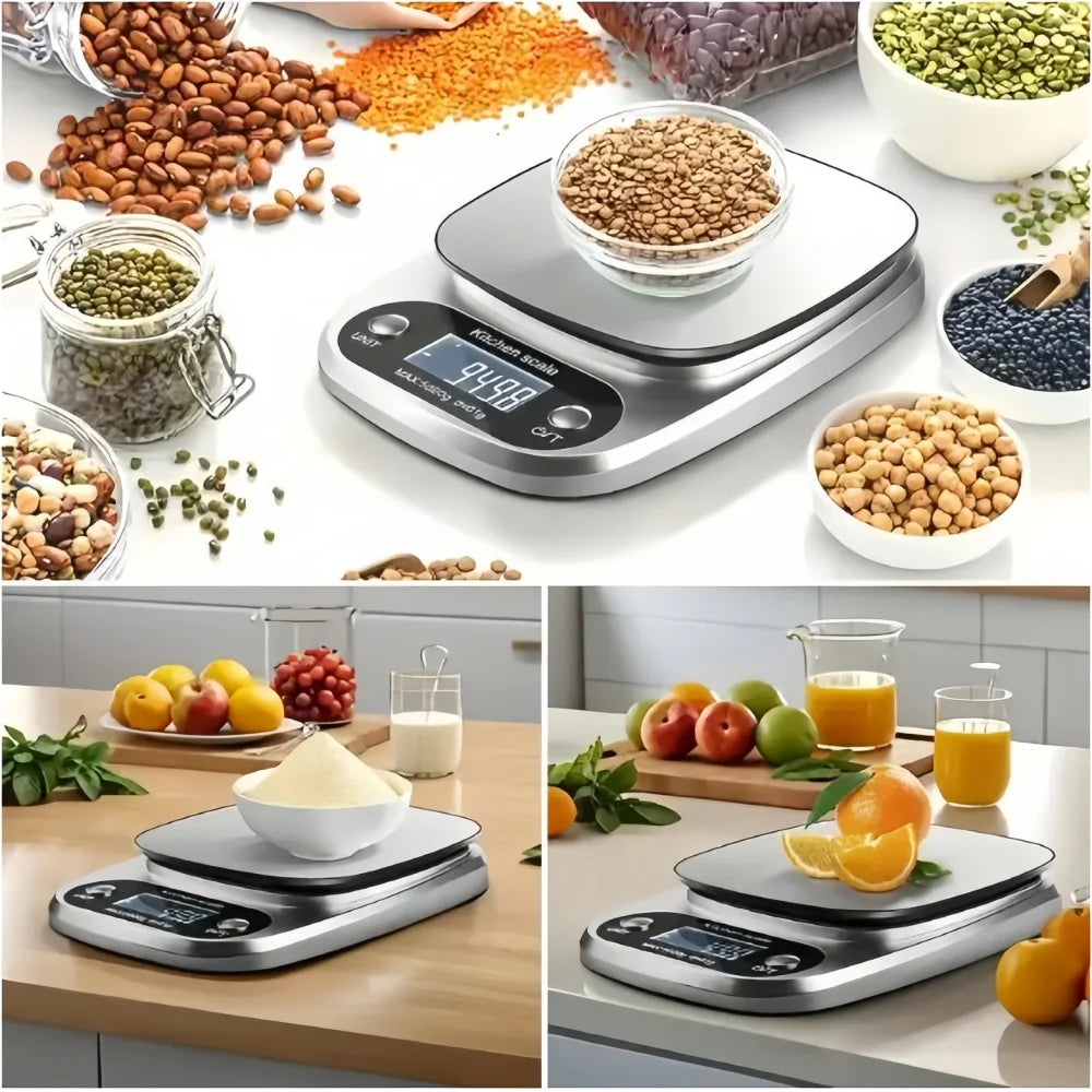 A collection of various foods and ingredients are displayed around a precision digital kitchen scale used for weighing.